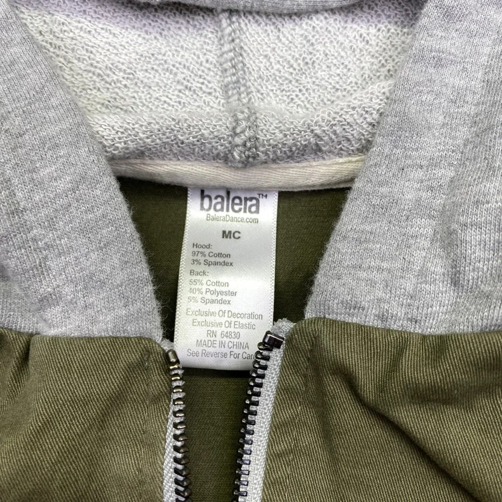 Balera Olive Green Zip Up Hooded Bomber Jacket With Gray Ribbed Cuffs and Hood M
